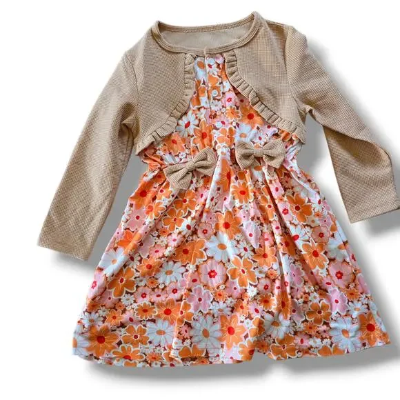 Vintage Style Floral Girls Dress with Bolero Cardigan Size 120 (6-7) Orange - Picture 6 of 6